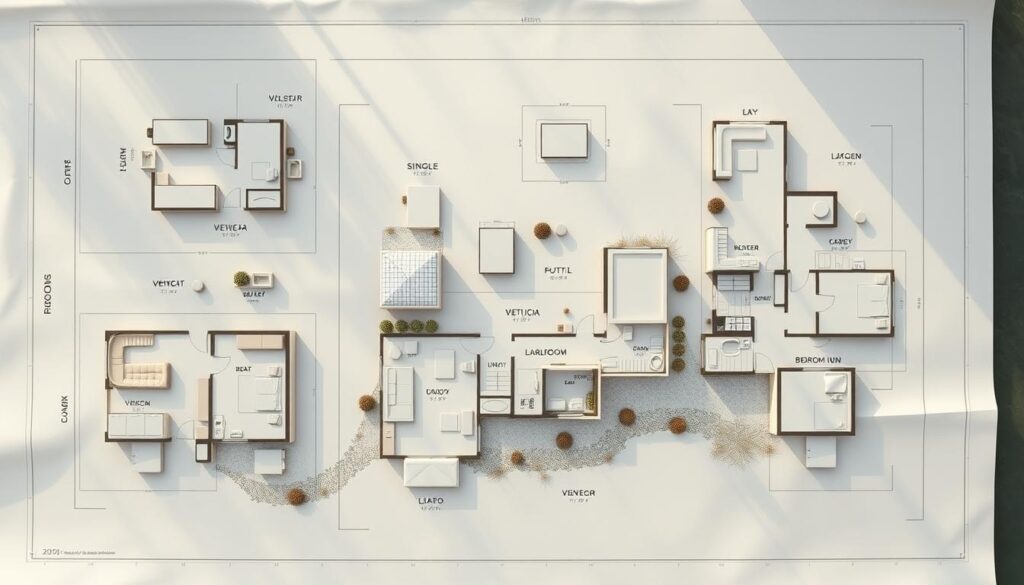 An architectural blueprint showcasing the layout and floor plans of picturesque bungalows nestled along the banks of a tranquil river in Tennessee. The scene features a detailed overhead view, with clean lines and precise dimensions delineating the various group sizes and configurations, from cozy single-unit designs to larger multi-bedroom layouts. Neutral tones and minimalist styling create a serene, streamlined aesthetic, while strategically placed windows and patios maximize the breathtaking river vistas. Soft, natural lighting filters in, casting a warm, inviting glow across the meticulously rendered plans. This comprehensive blueprint captures the essence of the ideal bungalow retreat, blending functional living spaces with the beauty of the Tennessee landscape.
