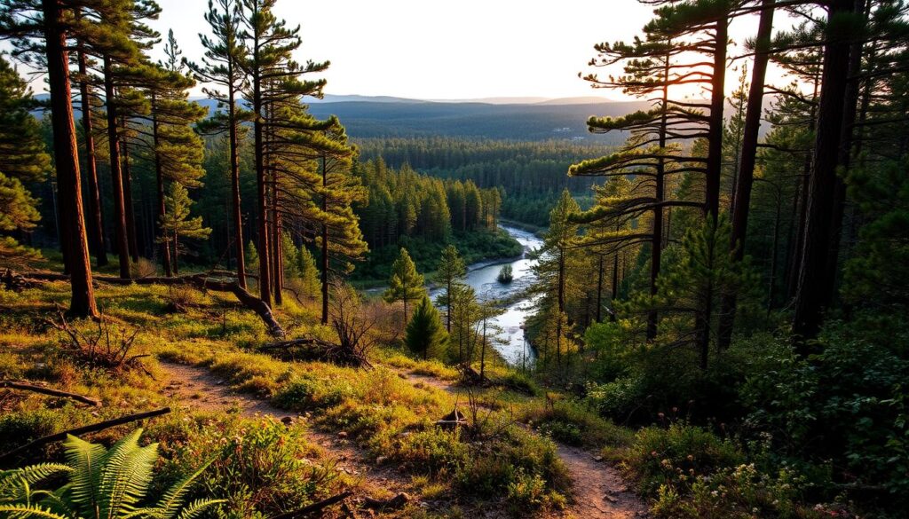 An expansive forest landscape with towering pine trees and lush undergrowth, bathed in warm, golden-hour sunlight. In the foreground, a winding trail leads through a mosaic of ferns and wildflowers, inviting the viewer to explore the tranquil depths of the Apalachicola National Forest. In the middle ground, a gently flowing stream reflects the surrounding foliage, creating a serene and picturesque scene. The background features rolling hills covered in a rich tapestry of evergreen trees, stretching out to the horizon. The overall atmosphere is one of peaceful solitude, capturing the essence of a quiet, natural escape in North Florida.
