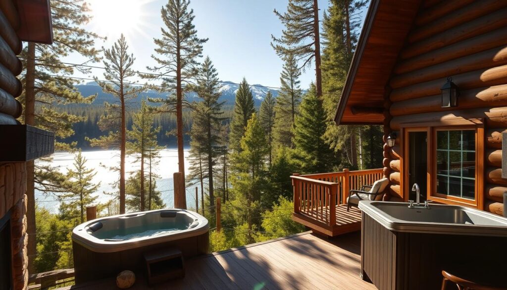An expansive, sun-dappled scene of a rustic wooden cabin nestled amidst lush, verdant forestry in Michigan's Upper Peninsula. In the foreground, a collection of essential amenities - a crackling fireplace, a cozy hot tub, and a stylish kitchen - beckon the viewer, conveying the comforts of off-grid living. The middle ground features a well-appointed deck overlooking a serene, glimmering lake, while the background showcases the rugged, snow-capped peaks of the surrounding Porcupine Mountains. Warm, golden lighting filters through the canopy of towering pines, creating a tranquil, inviting atmosphere that captures the essence of the perfect off-grid retreat.