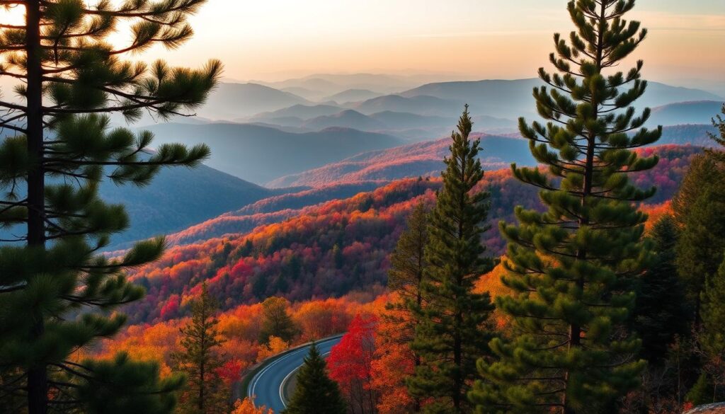 An idyllic autumn landscape in the North Georgia mountains, showcasing vibrant foliage and serene mountain vistas. A panoramic view from a high vantage point, with rolling hills and peaks in the distance, bathed in the warm, golden light of the setting sun. Tall, verdant pine trees frame the foreground, their branches reaching skyward. A winding mountain road snakes through the scene, leading the eye deeper into the lush, mountainous terrain. The atmosphere is crisp and tranquil, inviting the viewer to imagine a peaceful, restorative weekend getaway amidst the natural splendor of this picturesque region. An idyllic autumn landscape in the North Georgia mountains, showcasing vibrant foliage and serene mountain vistas. A panoramic view from a high vantage point, with rolling hills and peaks in the distance, bathed in the warm, golden light of the setting sun. Tall, verdant pine trees frame the foreground, their branches reaching skyward. A winding mountain road snakes through the scene, leading the eye deeper into the lush, mountainous terrain. The atmosphere is crisp and tranquil, inviting the viewer to imagine a peaceful, restorative weekend getaway amidst the natural splendor of this picturesque region.