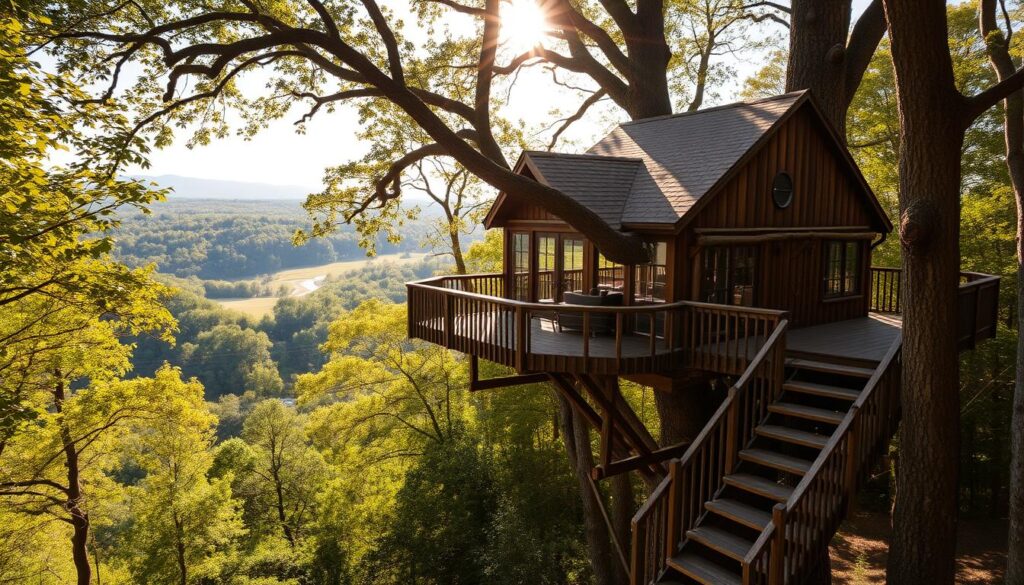 An idyllic treehouse nestled amidst the lush, verdant forests of north Georgia, its rustic timber frame blending seamlessly with the surrounding canopy. Sunlight filters through the leaves, casting a warm, golden glow over the weathered exterior. A winding staircase leads up to the elevated platform, offering breathtaking panoramic views of the rolling hills and winding streams below. The interior is cozy and inviting, with large windows that frame the natural beauty outside. This tranquil retreat is the perfect escape, providing a unique and elevated perspective on the serene Georgia landscape.