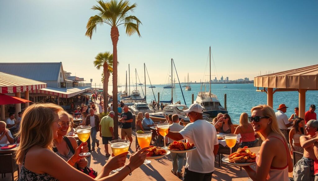 Biloxi dining and seafood scene: a bustling waterfront promenade lined with charming seafood restaurants, sun-dappled outdoor patios, and lively crowds savoring the region's renowned Gulf Coast cuisine. In the foreground, a group of friends toast with frosty cocktails, while servers carry trays of fried shrimp, steaming gumbo, and flaky fish platters. The middle ground features a picturesque marina, with bobbing sailboats and fishing charters awaiting their next adventure. In the background, the sparkling waters of the Mississippi Sound stretch towards the horizon, framed by a clear blue sky and the silhouettes of historic landmarks. Warm, golden lighting bathes the scene, creating a welcoming, laidback atmosphere that captures the essence of a Biloxi vacation.