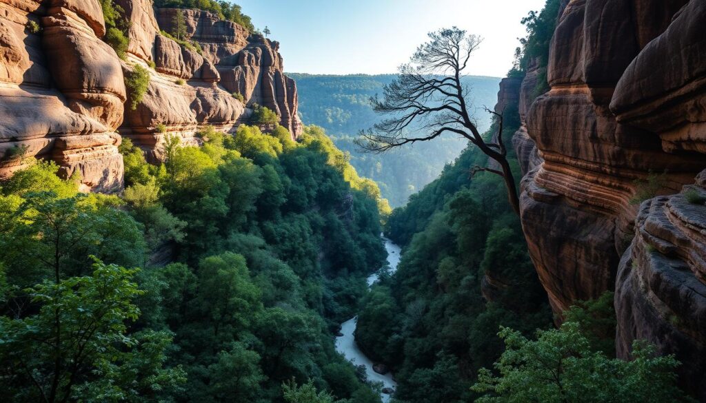 Cloudland Canyon, a lush oasis nestled in the heart of Georgia's wilderness. Towering sandstone cliffs rise majestically, casting dramatic shadows across the serene valley below. A meandering creek winds its way through the verdant forest, its gentle waters reflecting the dappled sunlight filtering through the canopy. In the distance, the faint silhouettes of ancient trees cling to the canyon's edges, their branches reaching towards the heavens. A sense of tranquility and wonder permeates the air, inviting visitors to pause and immerse themselves in the beauty of this hidden gem. Capture the essence of this natural wonder with a wide-angle lens, showcasing the interplay of light, shadow, and the timeless grandeur of Cloudland Canyon.