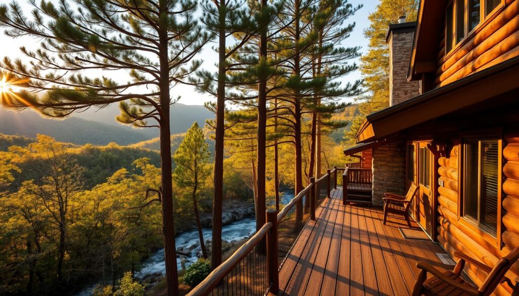 Cozy log cabins nestled in the lush, verdant Smoky Mountains of Tennessee, enveloped in a soft, warm glow of golden hour light. Wooden decks overlooking serene streams and rolling hills, inviting you to relax and reconnect with nature. Towering pine trees sway gently in the cool breeze, their shadows casting a tranquil atmosphere. Wisps of smoke curl from stone chimneys, hinting at the comforts within - a crackling fireplace, plush furnishings, and all the amenities for a soulful, restorative escape. Capture the essence of a Smoky Mountain cabin retreat, a haven for those seeking solace and rejuvenation amidst the captivating beauty of Tennessee's wilderness.