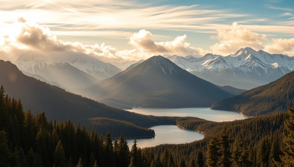 Dramatic mountain vistas stretching across the horizon, capped with glistening snow-covered peaks. In the foreground, a tranquil alpine lake reflects the towering summits, its surface rippling gently in the soft breeze. Lush, evergreen forests climb the slopes, creating a serene, natural tapestry. Warm, golden sunlight filters through wispy clouds, casting a soft, ethereal glow over the entire scene. The overall mood is one of peaceful solitude, inviting the viewer to immerse themselves in the beauty of Eastern Washington's breathtaking landscapes.