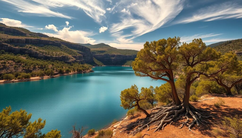 Expansive canyon lake nestled in the rolling hills of Texas, its serene azure waters reflecting the rugged cliffs and lush green foliage surrounding it. A wide-angle lens captures the dramatic scene, showcasing the dramatic contrast between the steep, rocky slopes and the calm, tranquil lake in the foreground. Warm, golden sunlight filters through wispy clouds, casting a peaceful, introspective mood over the landscape. Towering cypress trees line the shore, their gnarled roots dipping into the cool, clear waters. This picturesque oasis invites the viewer to pause, reflect, and immerse themselves in the natural beauty of this remote, off-grid retreat.