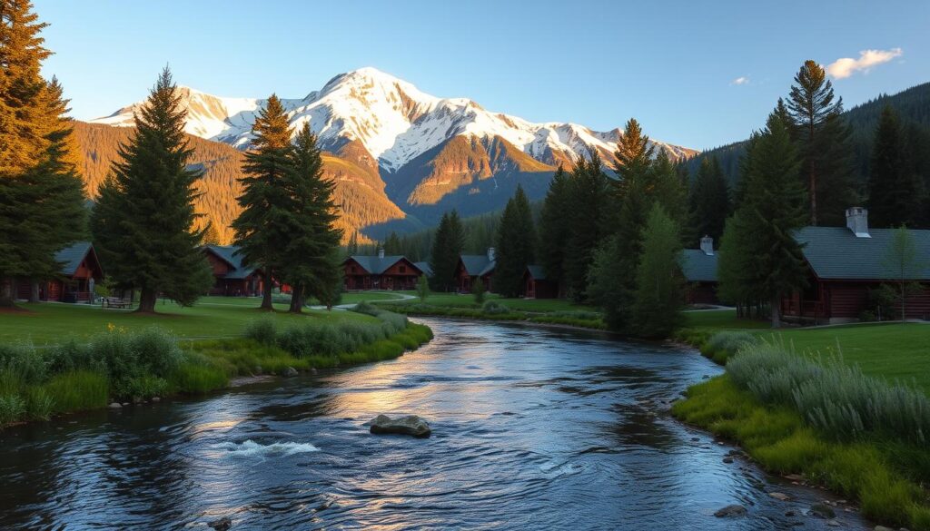 Lodges riverside resort in Crested Butte, Colorado: a serene, idyllic scene. Majestic snow-capped mountains rise in the background, their peaks kissed by golden sunlight. In the foreground, a tranquil river winds through lush, verdant grounds, dotted with cozy, rustic log cabins and lodges. Gentle waves lap against the riverbanks, creating a soothing, meditative ambiance. Tall evergreen trees frame the scene, casting soft, dappled shadows across the landscape. The overall mood is one of peaceful escape, inviting visitors to immerse themselves in the natural beauty and find inspiration amidst the secluded, creative haven.