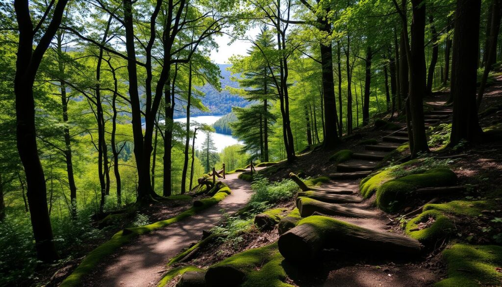 Lush, verdant forest trails wind through a serene landscape, dappled sunlight filtering through the canopy of towering trees. Mossy logs and ferns line the winding path, inviting hikers to explore the hidden gems of this tranquil oasis. In the distance, a glimpse of a pristine lake shimmers, surrounded by rolling hills blanketed in rich, autumnal hues. The air is crisp and cool, carrying the earthy scent of the forest. A sense of solitude and connection with nature permeates the scene, creating a deeply restorative and rejuvenating atmosphere.