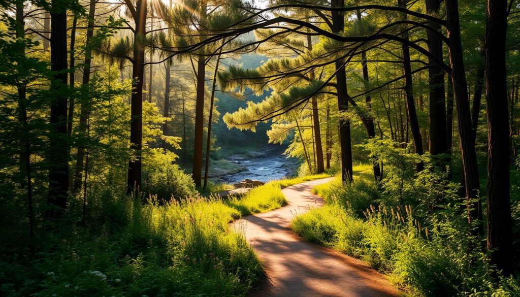 Lush, verdant trails wind through the serene wilderness of Alabama's Black Belt region. Towering pines and oaks cast gentle shadows on the meandering path, creating a serene and tranquil atmosphere. Sunlight filters through the canopy, casting a warm, golden glow across the scene. In the distance, a babbling brook can be heard, its soothing sounds inviting visitors to slow down and immerse themselves in the natural beauty. The trail is flanked by vibrant wildflowers and dense undergrowth, creating a sense of seclusion and escape from the outside world. The overall mood is one of calm, rejuvenation, and a deep connection with the untamed, unspoiled landscape.