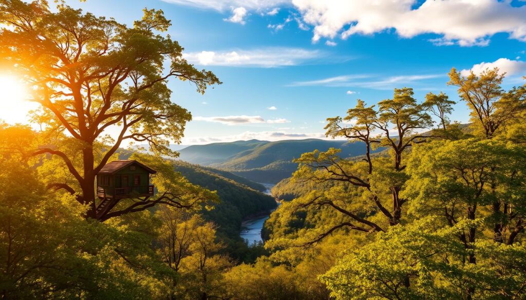 Lush, verdant treeline stretching across a rolling, sun-dappled landscape. In the foreground, a cozy treehouse nestled amidst the branches, its rustic charm inviting exploration. Beyond, a tranquil creek winds its way through the wooded glen, its gentle ripples reflecting the azure sky above. Warm, golden light filters through the canopy, casting a soft, natural glow over the scene. Diverse wildlife - songbirds, squirrels, and butterflies - flits and flutters, creating a serene, nature-immersive atmosphere. This idyllic, mountain retreat captures the essence of Gatlinburg's untamed beauty, a peaceful sanctuary amidst the rugged splendor of the Tennessee wilderness.