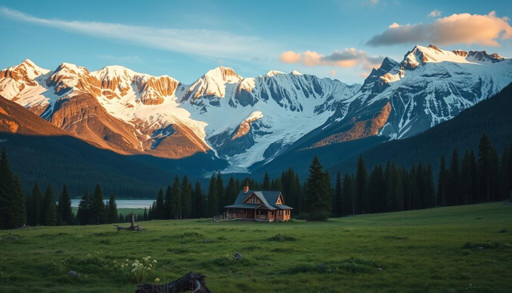Majestic North Cascades, a breathtaking landscape of snow-capped peaks, evergreen forests, and serene alpine lakes. A wide-angle lens captures the grandeur of this natural wonder, with rugged mountains rising in the background, their jagged silhouettes casting dramatic shadows across the scene. In the middle ground, a quaint cottage nestles amidst a lush meadow, its charming architecture and rustic charm complementing the surrounding wilderness. Soft, warm lighting bathes the entire scene, creating a cozy and inviting atmosphere, perfect for a peaceful mountain getaway. The overall mood is one of tranquility and awe, inviting the viewer to immerse themselves in the beauty of this remarkable region.