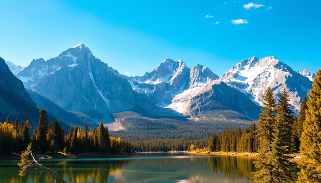 Majestic peaks soar against a vibrant, azure sky, their snow-capped summits bathed in warm, golden light. In the foreground, a crystal-clear alpine lake reflects the towering mountains, its tranquil waters mirroring the serene, spiritual atmosphere. Lush, verdant forests line the lake's edge, their evergreen boughs swaying gently in the cool, mountain breeze. The scene exudes a sense of timeless, untamed beauty, inviting the viewer to find solace and connection with the natural world. This is the essence of the Rocky Mountains, a transformative haven for those seeking to reconnect with their inner selves.