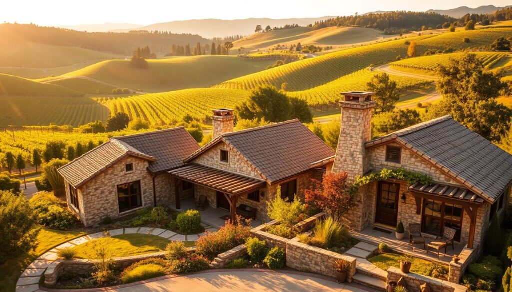 Napa Valley private cottages nestled among lush vineyards and rolling hills, bathed in soft, golden afternoon light. Quaint, stone-clad bungalows with charming terra cotta roofs, surrounded by well-tended gardens and winding pathways. Cozy interiors with rustic-chic decor, inviting stone fireplaces, and large windows overlooking serene, private terraces. Secluded, romantic getaways with a touch of Californian countryside elegance, captured through a cinematic, medium-wide lens for a picturesque, inviting scene.