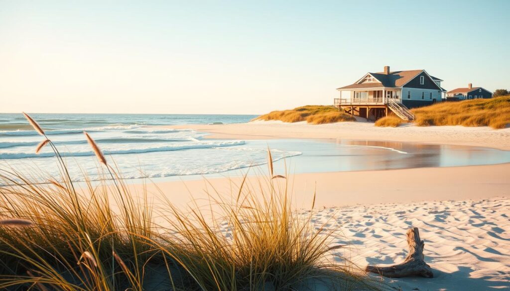 Oceanfront vista showcasing a serene coastal scene in Outer Banks, North Carolina. Warm, golden sunlight illuminates the gently lapping waves, casting a soft glow across the pristine sandy beach. In the foreground, swaying beach grasses and driftwood add natural texture. The middle ground features a picturesque coastal home with a wraparound porch, blending seamlessly into the lush, verdant dunes. The background depicts a cloudless, azure sky, creating a tranquil, meditative atmosphere. Captured with a wide-angle lens to emphasize the expansive, panoramic view, this image evokes the peaceful, picturesque charm of a beachfront getaway.