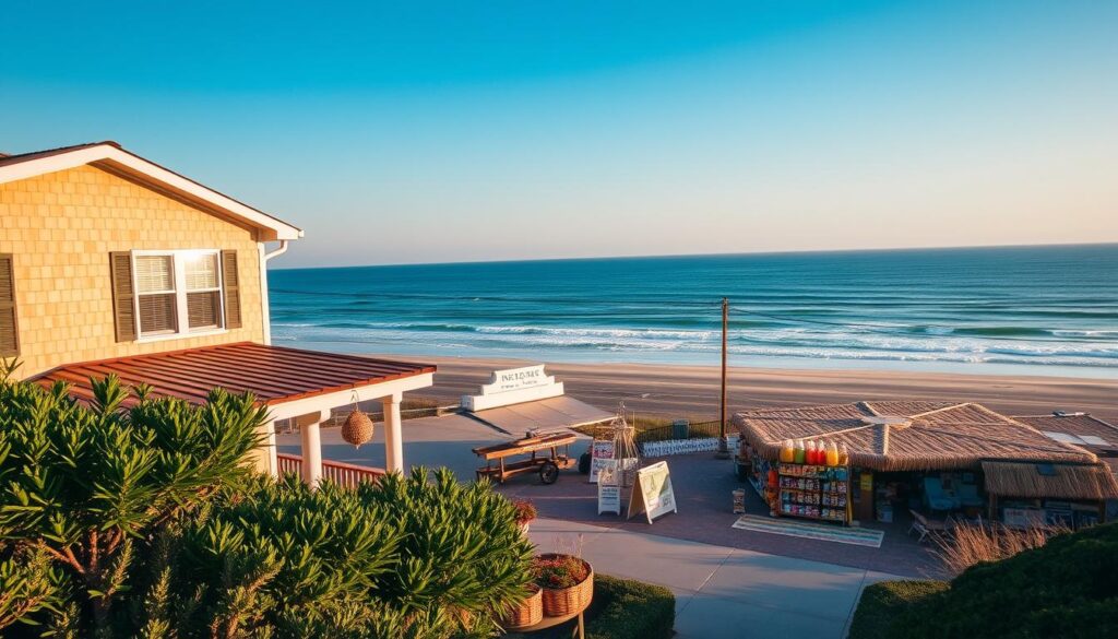 Outer Banks booking, a picturesque coastal scene. In the foreground, a cozy vacation rental nestled amongst lush greenery, its inviting porch beckoning guests to unwind. In the middle ground, a quaint local market, its colorful wares spilling out onto the sidewalk. In the background, the vast expanse of the Atlantic Ocean, its waves gently lapping against the sandy shore. Warm, golden sunlight bathes the scene, casting a serene and tranquil atmosphere. The image evokes a sense of relaxation and the charm of a quintessential Outer Banks getaway. Captured with a wide-angle lens, the composition emphasizes the harmony between the natural and the built environment.
