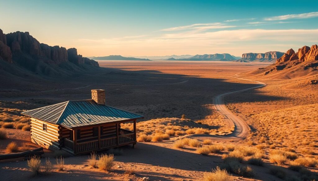 Panoramic desert landscape with a rustic wooden cabin nestled in the foreground, surrounded by rugged mountains and a vast, cloudless sky. The cabin features a wraparound porch, with a weathered exterior and a stone chimney. Warm, golden light bathes the scene, casting long shadows and highlighting the textured terrain. In the distance, a winding dirt road leads towards the horizon, inviting exploration. The overall atmosphere is one of tranquility and solitude, capturing the essence of a peaceful desert retreat.