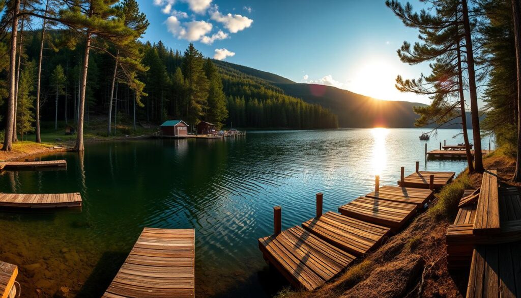 Panoramic view of a serene lake nestled in the verdant, rolling hills of Michigan's Upper Peninsula. The sun's warm glow reflects off the calm, crystal-clear waters, creating a breathtaking scene. Weathered wooden docks and cabins line the shoreline, their rustic charm complementing the natural beauty. Towering pines and birch trees frame the idyllic landscape, casting gentle shadows over the tranquil scene. A sense of peaceful isolation pervades the atmosphere, inviting visitors to slow down and immerse themselves in the natural splendor of this Great Lakes retreat.