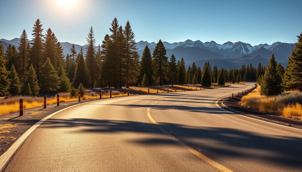 Paved road winding through a picturesque Sierra Nevada landscape, flanked by towering pine trees and dramatic mountain peaks in the distance. The sun casts a warm, golden glow, creating deep shadows and highlights that accentuate the texture of the asphalt. The road is wide and well-maintained, with ample space for vehicles to pull off and park. The scene conveys a sense of accessibility, ease, and the promise of scenic adventures to come.