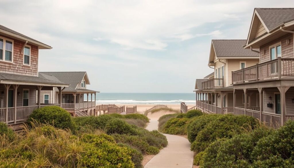 Peaceful coastal cottages and condos nestled along the pristine shores of the Outer Banks, North Carolina. Weathered wood facades, wraparound porches, and ocean views set the scene. Midground features lush greenery, sand dunes, and winding pathways leading to the beach. In the background, a soft, hazy sky with wispy clouds reflects the tranquil atmosphere. Warm, diffused lighting highlights the natural textures and muted color palette. A wide-angle lens captures the quaint, picturesque architecture in an inviting, serene composition.