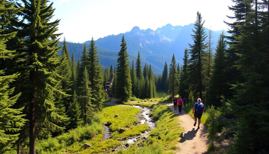 Peaceful hiking trails wind through lush, verdant forests, dotted with towering pines and glistening streams. The trail meanders gently, inviting exploration, with dappled sunlight filtering through the canopy above. In the distance, rugged mountain peaks rise, their snow-capped summits bathed in a warm, golden glow. The atmosphere is serene and calming, encouraging visitors to slow down, breathe deeply, and fully immerse themselves in the natural beauty surrounding them. Hikers traverse the path, their steps muffled by the soft forest floor, as they take in the tranquil ambiance and connect with the land.