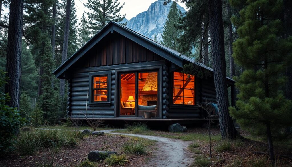 Prompt A cozy explorer cabin nestled in the lush, verdant forests of Yosemite, California. The cabin's rustic exterior features weathered wood siding and a charming gabled roof, exuding a sense of timeless wilderness. Through the large window, a warm, inviting interior is visible, with a stone fireplace and wooden furnishings creating a tranquil, cabin-in-the-woods atmosphere. Gentle natural light filters in, casting a soft, ambient glow over the scene. In the foreground, a well-worn path leads towards the cabin, hinting at the adventures and solitude that await within. The background is filled with towering pine trees and the majestic granite peaks of Yosemite, setting the stage for a serene, off-the-grid escape.