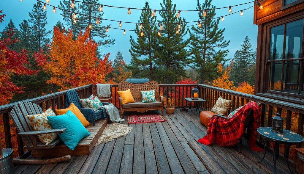 Quirky getaways deck, nestled amidst vibrant autumn foliage, with a whimsical mix of mismatched furniture and playful decor. Rustic wooden planks, adorned with colorful throw pillows and cozy blankets, invite visitors to lounge and soak in the serene, nature-inspired atmosphere. Overhead, a string of twinkling lights casts a warm, inviting glow, while a weathered antique chair and an eclectic side table add to the eclectic, charming ambiance. In the background, glimpses of towering pine trees and a hazy blue sky evoke a sense of tranquility and escapism. The entire scene exudes a quirky, whimsical vibe, perfectly capturing the essence of an unforgettable fall getaway. Quirky getaways deck, nestled amidst vibrant autumn foliage, with a whimsical mix of mismatched furniture and playful decor. Rustic wooden planks, adorned with colorful throw pillows and cozy blankets, invite visitors to lounge and soak in the serene, nature-inspired atmosphere. Overhead, a string of twinkling lights casts a warm, inviting glow, while a weathered antique chair and an eclectic side table add to the eclectic, charming ambiance. In the background, glimpses of towering pine trees and a hazy blue sky evoke a sense of tranquility and escapism. The entire scene exudes a quirky, whimsical vibe, perfectly capturing the essence of an unforgettable fall getaway.