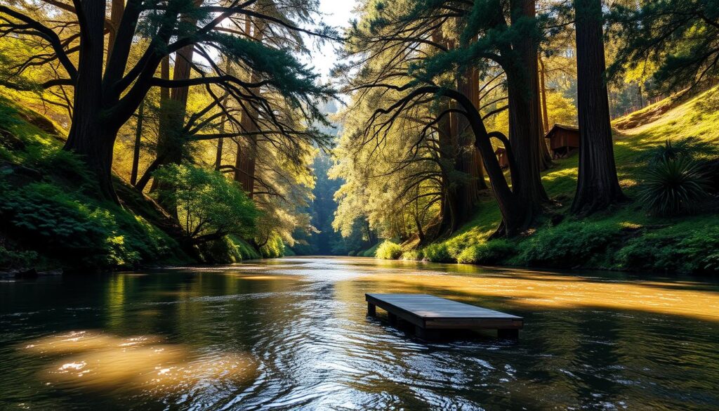 Serene Russian River flowing gently through lush, verdant hills. Towering redwood trees line the banks, their branches casting dappled shadows across the tranquil water. Golden sunlight filters through the canopy, illuminating the gentle ripples and reflecting off the smooth surface. A small wooden dock extends into the river, inviting visitors to take in the peaceful, picturesque scene. The atmosphere is one of tranquility and natural beauty, perfect for a relaxing day of outdoor exploration in the heart of California's renowned wine country.