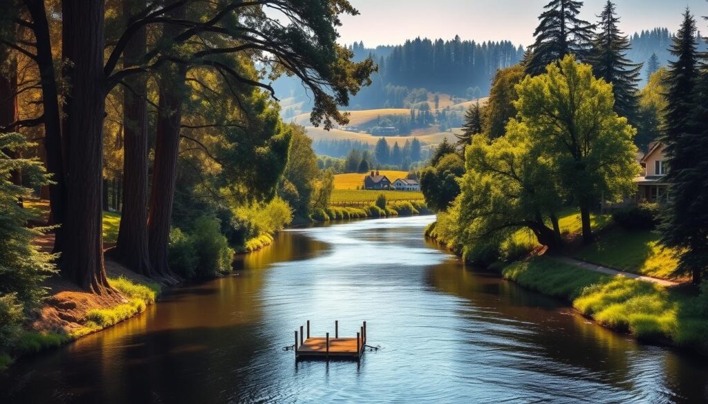 Serene Russian River winding through lush, verdant Sonoma wine country. Towering redwood trees line the banks, casting gentle shadows on the tranquil waters. Sunlight filters through the canopy, illuminating the scene with a warm, golden glow. In the distance, rolling hills dotted with vineyards and picturesque farmhouses complete the idyllic landscape. A small wooden dock juts out into the river, inviting visitors to sit and soak in the peaceful ambiance. The overall atmosphere is one of tranquility, natural beauty, and the quintessential charm of California's wine region.
