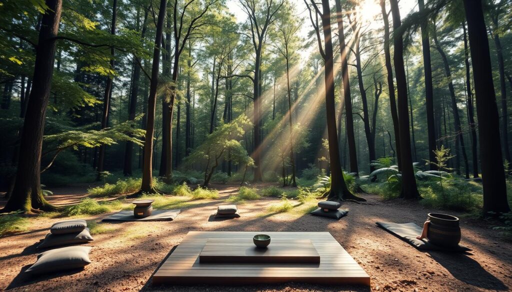 Serene forest clearing, sun-dappled and tranquil, with a wooden yoga platform at the center. Surrounding it, a variety of wellness experiences: a meditation circle with cushions, a sound healing setup with crystal bowls, and a small group partaking in a mindful forest bathing ritual. Soft natural lighting filters through the lush greenery, creating a calming, restorative atmosphere. The scene evokes a sense of harmony, inner peace, and deep connection with the natural world.