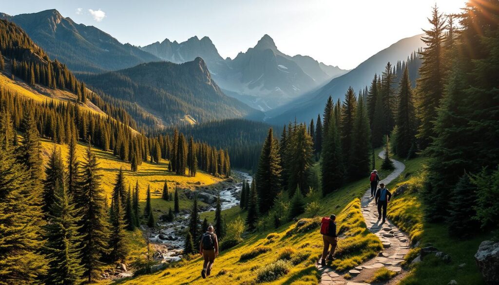 Serene hiking trails winding through lush, verdant foothills, with towering peaks of the Rocky Mountains rising majestically in the background. Warm, golden sunlight filters through the canopy of evergreen trees, casting a peaceful glow over the scene. Hikers navigate the well-marked path, pausing to admire the cascading streams and dramatic rock formations that dot the landscape. A sense of tranquility and adventure permeates the air, inviting visitors to immerse themselves in the boundless natural beauty of the region.