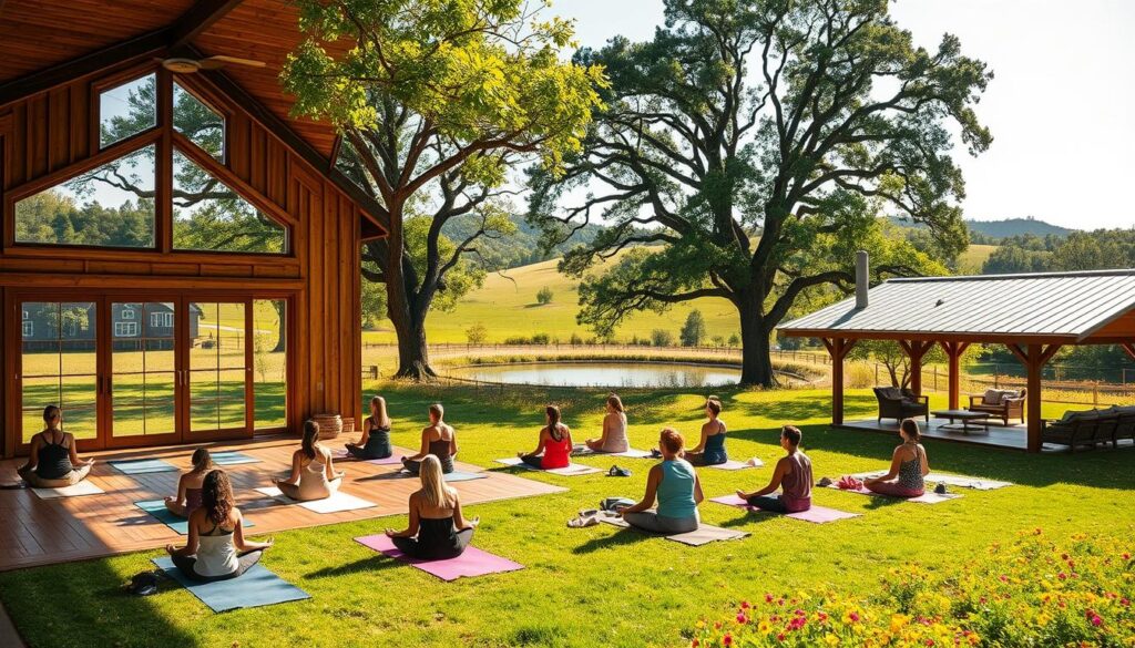 Serene yoga retreat nestled in the lush, rolling hills of Alabama's Black Belt region. A sprawling, sun-dappled meadow dotted with vibrant wildflowers and towering oak trees. At the center, a rustic wooden yoga studio with large windows overlooking a tranquil pond. Practitioners gather on plush mats, basking in the natural light as they flow through gentle asanas. Nearby, an open-air pavilion with cozy seating areas, where guests can meditate or enjoy healthy, farm-to-table meals. The retreat exudes a sense of peaceful seclusion, inviting visitors to unwind, recharge, and immerse themselves in mindful wellness.