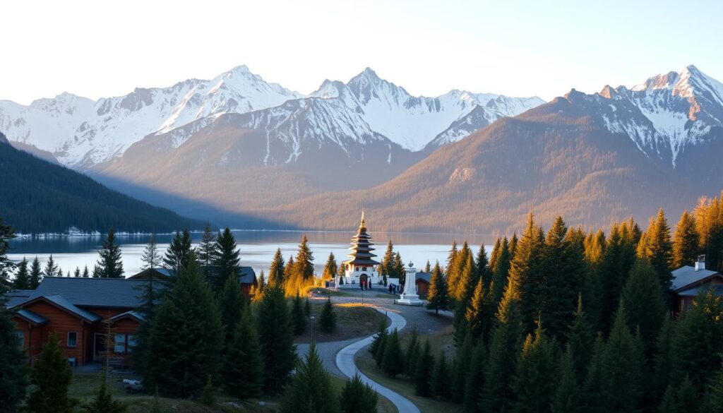 Shambhala Mountain Center nestled amidst majestic snow-capped peaks, with a serene lake reflecting the tranquil atmosphere. In the foreground, wooden cabins and meditation halls blend seamlessly into the natural landscape. A winding path leads through lush evergreen forests, inviting visitors to immerse themselves in the peaceful surroundings. Warm, golden sunlight filters through the canopy, casting a calming glow over the entire scene. The middle ground features a central stupa, a sacred Buddhist monument, standing tall and commanding reverence. In the distance, rugged mountain ridges rise towards the heavens, evoking a sense of awe and connection with the divine. This image captures the essence of Shambhala, a place of spiritual renewal and contemplation.