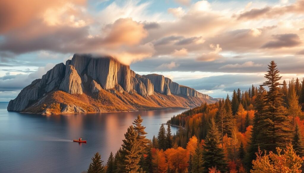 Stunning Upper Peninsula backdrop: A panoramic view of majestic Lake Superior cliffs rising majestically against a dramatic sky. The rugged, weathered rock formations are juxtaposed with a fairytale forest of towering pines and vibrant autumn foliage in the foreground. Warm, golden sunlight filters through wispy clouds, casting a warm, ethereal glow over the serene, glass-like waters of the lake. A sense of scale is evoked by the inclusion of a lone kayaker paddling peacefully along the shoreline. The overall atmosphere is one of tranquility, wonder, and the raw, untamed beauty of Michigan's Upper Peninsula.