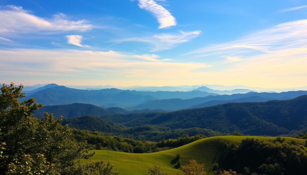 Sweeping vistas of the majestic Blue Ridge Mountains, their peaks blanketed in a soft haze under the golden glow of the morning sun. Rolling green hills dotted with leafy hardwood trees in the foreground, leading the eye towards the distant ridges that fade into the horizon. Wispy clouds drift lazily across the cerulean sky, casting delicate shadows on the rugged landscape below. A sense of tranquility and solitude permeates the scene, inviting the viewer to bask in the serene beauty of this peaceful mountain retreat.