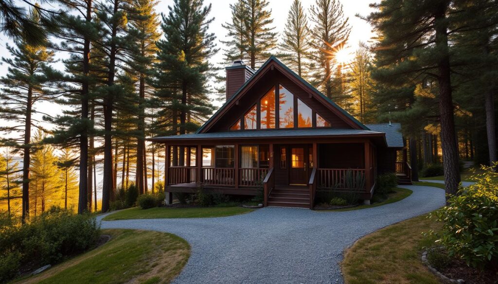 Upper Peninsula cabins nestled among towering pines, with panoramic views of the sparkling Great Lakes. A cozy wooden structure with a wraparound porch, surrounded by a lush, verdant landscape. Warm, golden light filters through the large windows, casting a welcoming glow. A winding gravel path leads to the cabin's entrance, inviting visitors to step inside and experience the serene tranquility of this Northern Michigan retreat. The scene is captured through a wide-angle lens, emphasizing the cabin's harmonious integration with the natural environment. An atmosphere of rustic charm and peaceful solitude permeates the image, perfectly embodying the essence of a cherished getaway in the heart of the Upper Peninsula.