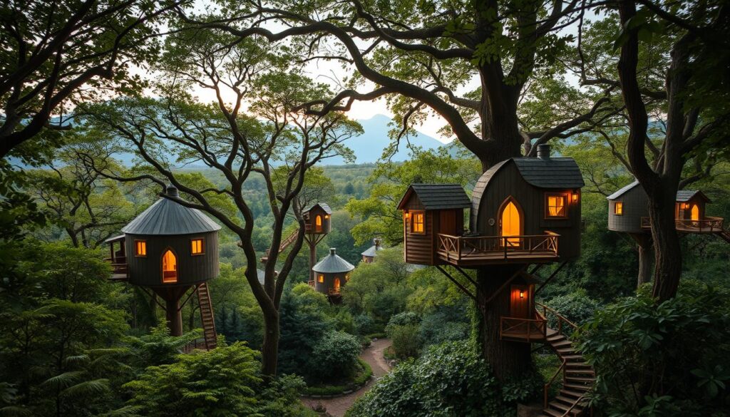 Whimsical treehouse-like structures nestled in a lush, verdant forest canopy. Organic shapes, natural materials, and a sense of rustic magic permeate the scene. Warm, soft lighting filters through the treetops, creating a cozy, inviting atmosphere. In the foreground, a cluster of elevated, fanciful dwellings blend seamlessly with the environment, their windows glowing with an inviting radiance. The middle ground showcases a serene forest landscape, with winding paths and overgrown vegetation. In the distance, a hint of towering mountain peaks emerges, framing the magical treehouse retreat. An off-grid, digital-free oasis of wonder and tranquility.