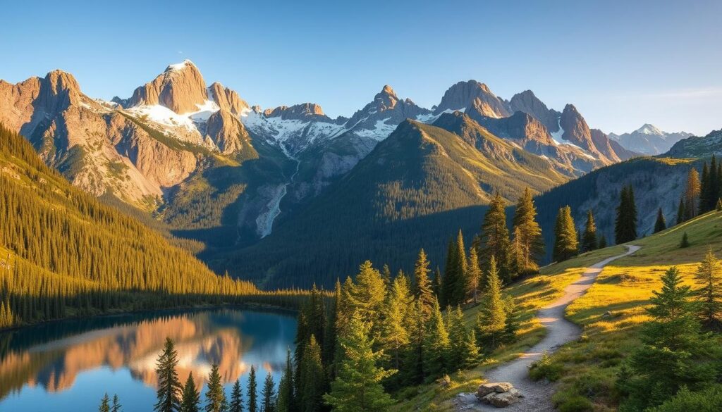 A breathtaking alpine landscape nestled in the heart of Montana's rugged wilderness. In the foreground, a serene mountain lake reflects the towering peaks that rise majestically in the distance, their snow-capped summits glowing under the warm afternoon sun. Lush evergreen forests cloak the slopes, their verdant hues contrasting with the rugged granite outcroppings that punctuate the scene. A winding trail meanders through the valley, inviting the viewer to explore the natural beauty that surrounds them. The air is crisp and clear, filled with the soothing sounds of a nearby cascading waterfall. This tranquil and awe-inspiring view encapsulates the essence of Montana's untamed natural splendor, perfect for a spiritual retreat amidst the grandeur of the great outdoors.