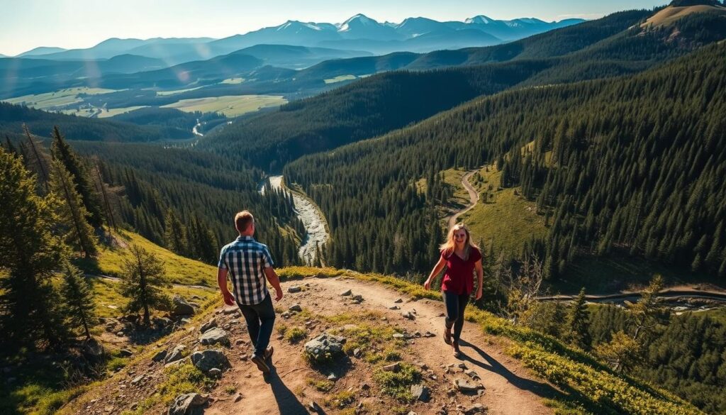 A breathtaking landscape unfolds, where rugged trails wind through lush, verdant forests. In the foreground, a couple strolls hand-in-hand, their faces alight with wonder as they gaze upon the panoramic vistas. Sunlight filters through the canopy, casting a warm, golden glow that dances across the rolling hills and crystal-clear streams. In the distance, towering peaks rise majestically, their snow-capped summits reaching towards the azure sky. The scene exudes a sense of tranquility and adventure, perfectly capturing the essence of a romantic cabin retreat amidst the natural splendor of South Dakota's Hills and Lakes.