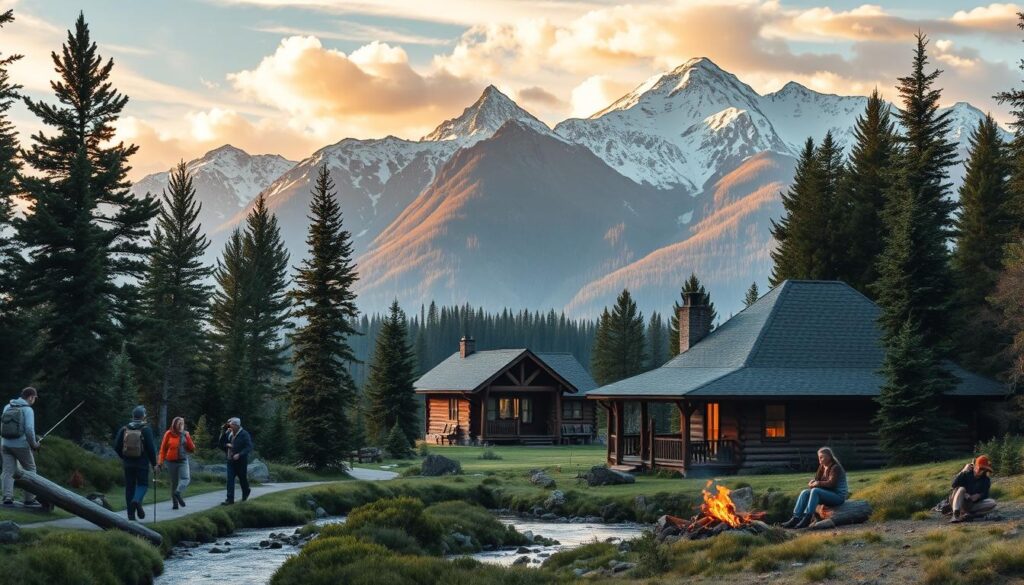 A breathtaking outdoor scene in Montana's picturesque wilderness. In the foreground, a group of people are engaged in various activities - hiking along a winding trail, casting their lines into a glistening stream, and gathered around a crackling campfire. The middle ground features a cozy log cabin with a wraparound porch, nestled amidst towering pine trees. In the background, majestic snow-capped mountains rise up, their peaks bathed in warm, golden sunlight filtering through wispy clouds. The overall atmosphere is one of tranquility, adventure, and a deep appreciation for the natural beauty that surrounds the cabin.
