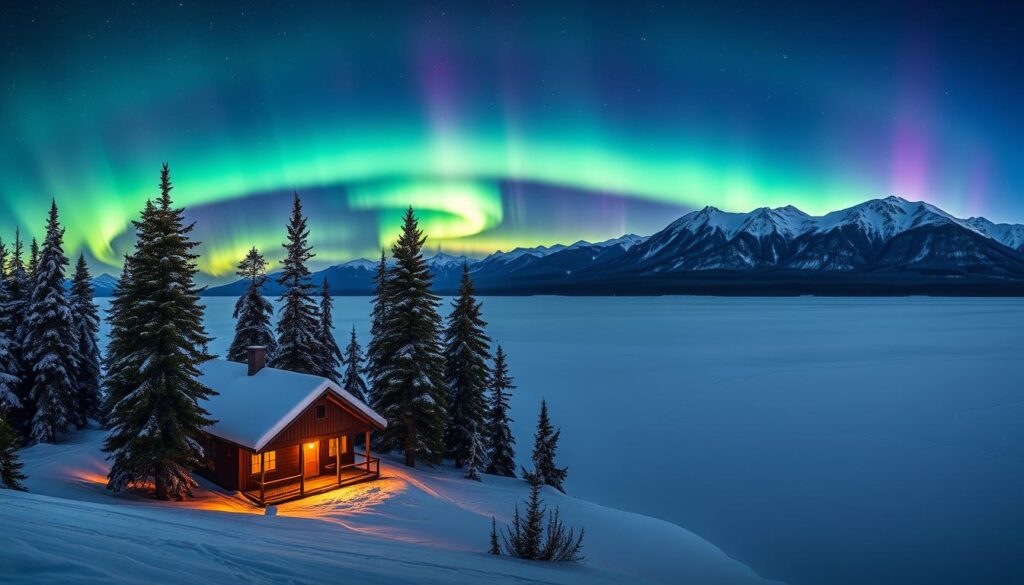 A breathtaking panorama of Alaska's seasonal landscapes, bathed in the ethereal glow of the northern lights. In the foreground, a snow-dusted cabin nestled amidst towering evergreens, its warm light casting a cozy reflection on the frozen lake. The middle ground features a mesmerizing display of the aurora borealis, its shimmering curtains of green, purple, and blue dancing across the night sky. In the distance, majestic snow-capped mountains rise, their peaks touched by the celestial display. The scene is illuminated by a soft, diffused light, creating a serene and enchanting atmosphere, transporting the viewer to a realm of untamed natural beauty.