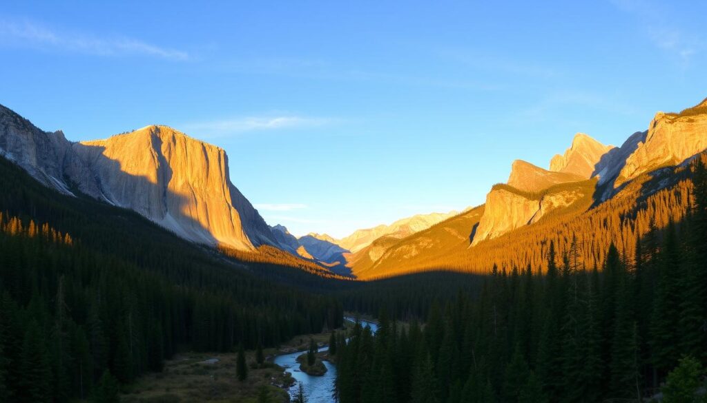 A breathtaking panoramic view of Cherry Log mountain range, bathed in the warm glow of golden hour sunlight. Towering peaks reach up to a crisp, azure sky, their slopes covered in a lush carpet of evergreen trees. In the foreground, a tranquil forest stream winds its way through the valley, its crystal-clear waters reflecting the surrounding natural beauty. The scene exudes a sense of serene solitude, inviting the viewer to step into this peaceful mountain retreat and disconnect from the hustle and bustle of everyday life.