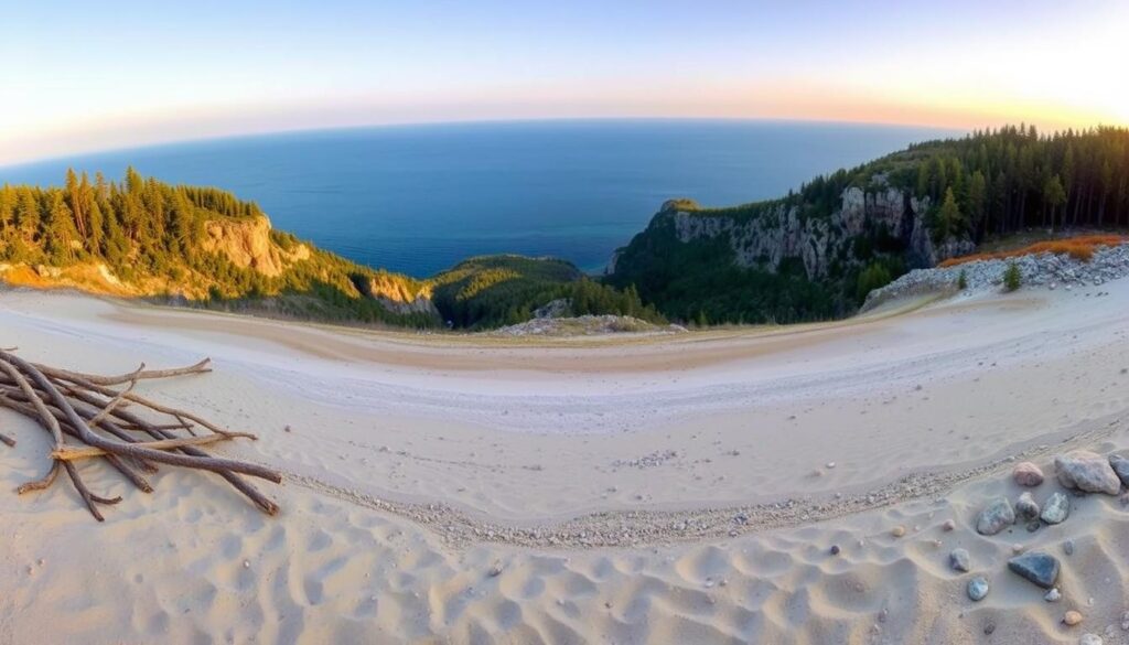 A breathtaking panoramic view of Lake Superior, the largest of the Great Lakes, stretching out as far as the eye can see. In the foreground, a pristine sandy beach dotted with driftwood and smooth stones, the waters lapping gently against the shore. The middle ground features a rugged, tree-lined coastline, with towering cliffs and rocky outcroppings casting dramatic shadows in the warm, golden light of the late afternoon sun. In the distance, the deep blue expanse of the lake meets the horizon, where the sky blends seamlessly with the water, creating a sense of tranquility and vastness. The overall scene evokes a feeling of serenity and the profound connection between land, water, and sky that defines the unique character of the Upper Peninsula's natural wonders.