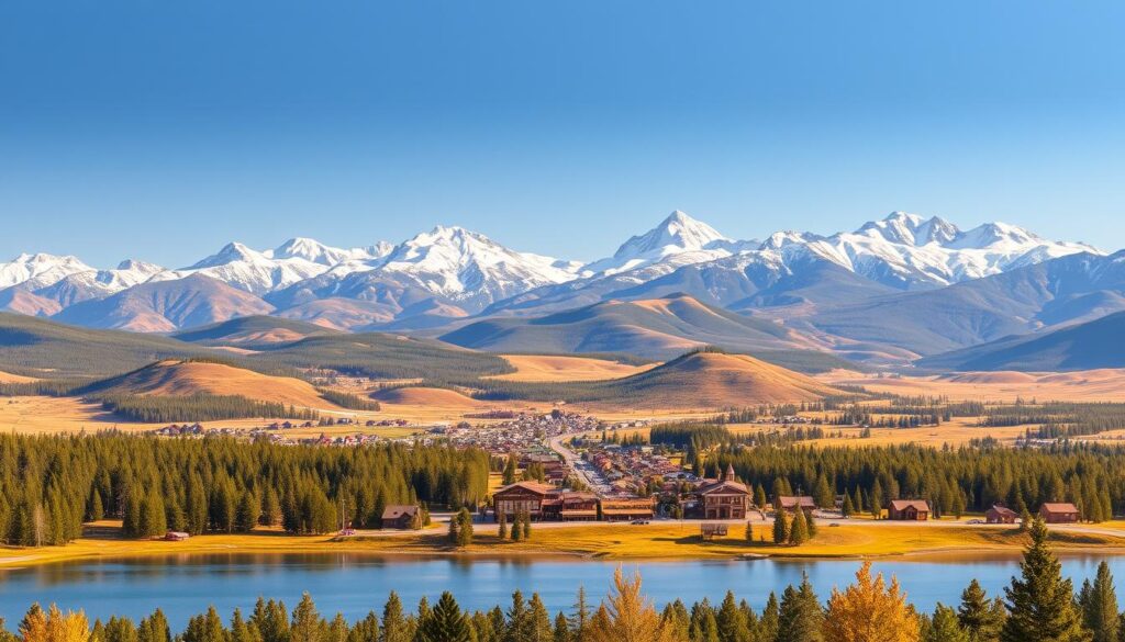 A breathtaking panoramic view of the mountainous landscape surrounding West Yellowstone, the picturesque gateway to the renowned Yellowstone and Grand Teton National Parks. In the foreground, a serene alpine lake reflects the majestic peaks and evergreen forests, with a hint of wildlife activity in the distance. The middle ground features a charming Western-style town nestled among the rolling hills, its rustic cabins and cozy establishments inviting visitors to explore. In the background, the snow-capped summits of the Rockies rise majestically, bathed in warm, golden light that casts a warm, welcoming glow over the entire scene. The overall mood is one of tranquility, adventure, and the awe-inspiring beauty of the American West.