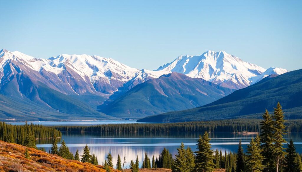 A breathtaking panoramic vista of Denali National Park, Alaska. In the foreground, a serene alpine lake reflects the majestic peaks of the Alaska Range, its still waters mirroring the dramatic snowcapped summits. In the middle ground, lush boreal forests cling to the rugged slopes, their evergreen canopies swaying gently in the cool mountain breeze. The distant background is dominated by the iconic silhouette of Denali, North America's highest peak, its massive glaciated flanks bathed in warm golden light under a clear, azure sky. The scene exudes a sense of remote, untamed wilderness, inviting the viewer to immerse themselves in the stunning natural beauty of this Alaskan paradise. A breathtaking panoramic vista of Denali National Park, Alaska. In the foreground, a serene alpine lake reflects the majestic peaks of the Alaska Range, its still waters mirroring the dramatic snowcapped summits. In the middle ground, lush boreal forests cling to the rugged slopes, their evergreen canopies swaying gently in the cool mountain breeze. The distant background is dominated by the iconic silhouette of Denali, North America's highest peak, its massive glaciated flanks bathed in warm golden light under a clear, azure sky. The scene exudes a sense of remote, untamed wilderness, inviting the viewer to immerse themselves in the stunning natural beauty of this Alaskan paradise.