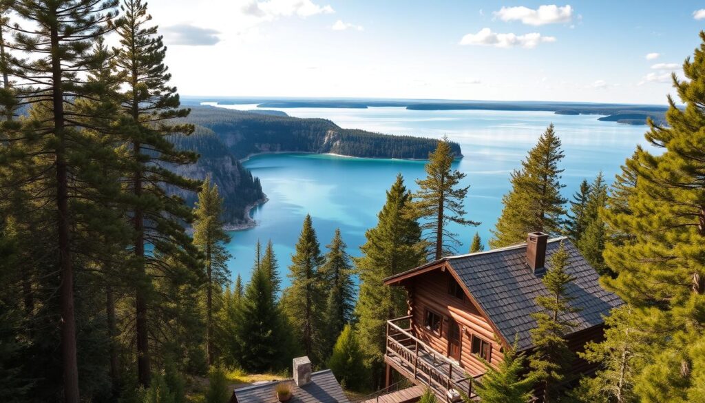 A breathtaking panoramic vista of the pristine North Shore of Minnesota, with towering pines lining the rugged cliffs overlooking the serene, azure waters of a pristine lake. Sunlight filters through the canopy, casting a warm, golden glow across the tranquil scene. In the foreground, a rustic wooden cabin nestled amidst the verdant foliage, its weathered charm inviting visitors to embrace the peaceful solitude of this enchanting forest and lake escape. A sense of timeless serenity permeates the atmosphere, as if suspended in a fleeting moment of pure, natural beauty.