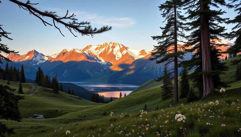 A breathtaking vista of Hatcher Pass, nestled in the heart of Alaska's wilderness. In the foreground, a serene alpine lake reflects the towering peaks that rise majestically in the background, their snow-capped summits glistening in the warm, golden light of the setting sun. Lush, verdant meadows carpet the rolling hills, dotted with delicate wildflowers that sway gently in the cool, refreshing breeze. The scene is framed by ancient, towering evergreens, their branches casting dramatic shadows across the landscape. A sense of tranquility and awe permeates the air, inviting the viewer to bask in the natural beauty of this untamed, untouched corner of Alaska. A breathtaking vista of Hatcher Pass, nestled in the heart of Alaska's wilderness. In the foreground, a serene alpine lake reflects the towering peaks that rise majestically in the background, their snow-capped summits glistening in the warm, golden light of the setting sun. Lush, verdant meadows carpet the rolling hills, dotted with delicate wildflowers that sway gently in the cool, refreshing breeze. The scene is framed by ancient, towering evergreens, their branches casting dramatic shadows across the landscape. A sense of tranquility and awe permeates the air, inviting the viewer to bask in the natural beauty of this untamed, untouched corner of Alaska.