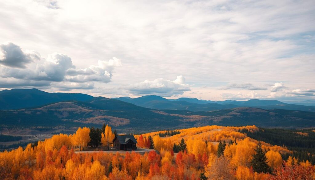 A breathtaking vista of a vast, boundless Montana sky, filled with fluffy white clouds drifting lazily overhead. In the foreground, vibrant autumn foliage in shades of gold, orange, and crimson blankets the rolling hills, creating a warm, inviting scene. The middle ground features a cozy log cabin nestled amidst the trees, its rustic charm complementing the natural surroundings. Soft, diffused lighting bathes the entire landscape, creating a serene and romantic atmosphere, perfect for a quiet getaway. A wide-angle lens captures the expansive, cinematic scale of the landscape, drawing the viewer into the tranquil, picturesque setting.