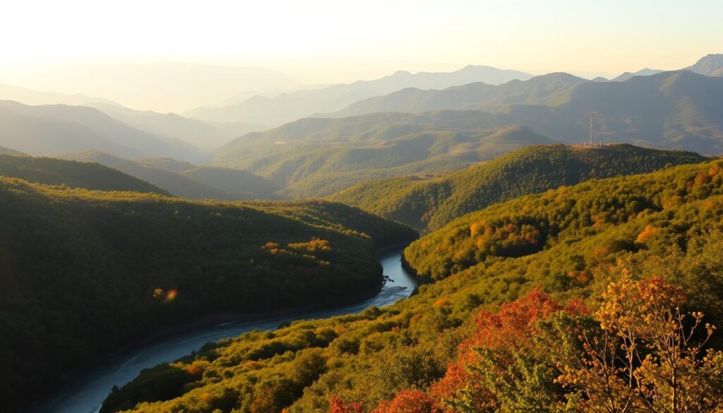 A breathtaking vista of the Blue Ridge Mountains stretches out before the viewer, with gentle peaks and valleys blanketed in lush greenery. The afternoon sun casts a warm, golden glow across the scene, highlighting the intricate textures of the rugged terrain. In the foreground, a winding river winds its way through the landscape, its calm waters reflecting the surrounding beauty. The middle ground is dominated by rolling hills dotted with clusters of deciduous trees, their vibrant autumn foliage adding splashes of crimson and amber to the panorama. In the distant background, the mountains rise majestically, their silhouettes framed by a hazy, azure sky. The overall mood is one of serene tranquility, inviting the viewer to immerse themselves in the natural splendor of Western North Carolina.