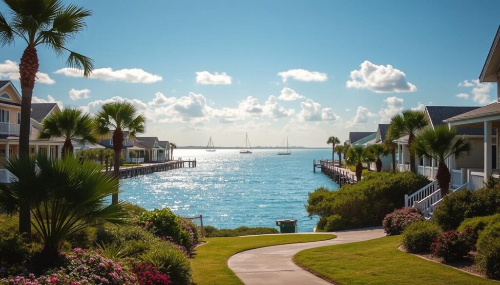 A coastal neighborhood in Corpus Christi, Texas, with rows of charming beach houses along the waterfront, their pastel-colored facades bathed in warm afternoon sunlight. In the foreground, a winding path leads through lush palm trees and flowering shrubs, inviting visitors to explore. The middle ground reveals a tranquil bay, its glimmering waters reflecting the open sky above, dotted with fluffy white clouds. In the distance, the silhouettes of sailboats dot the horizon, creating a serene and inviting atmosphere. The overall scene conveys a sense of relaxation, natural beauty, and the allure of coastal living.