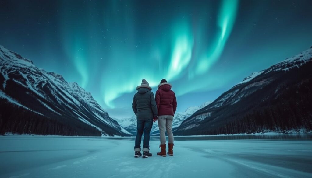 A couple standing hand-in-hand, gazing up at the mesmerizing aurora borealis dancing across the night sky. They are bundled in warm winter attire, surrounded by the majestic snow-capped mountains and pine forests of Alaska. The scene is bathed in a cool, ethereal glow from the northern lights, casting a captivating reflection on the pristine lake below. The mood is one of wonder, romance, and a deep connection with the untamed natural beauty of this remote wilderness. Captured with a wide-angle lens to showcase the grandeur of the landscape, this image perfectly encapsulates the top couple's activity in Alaska - experiencing the magic of the aurora amidst the serene, untouched surroundings.